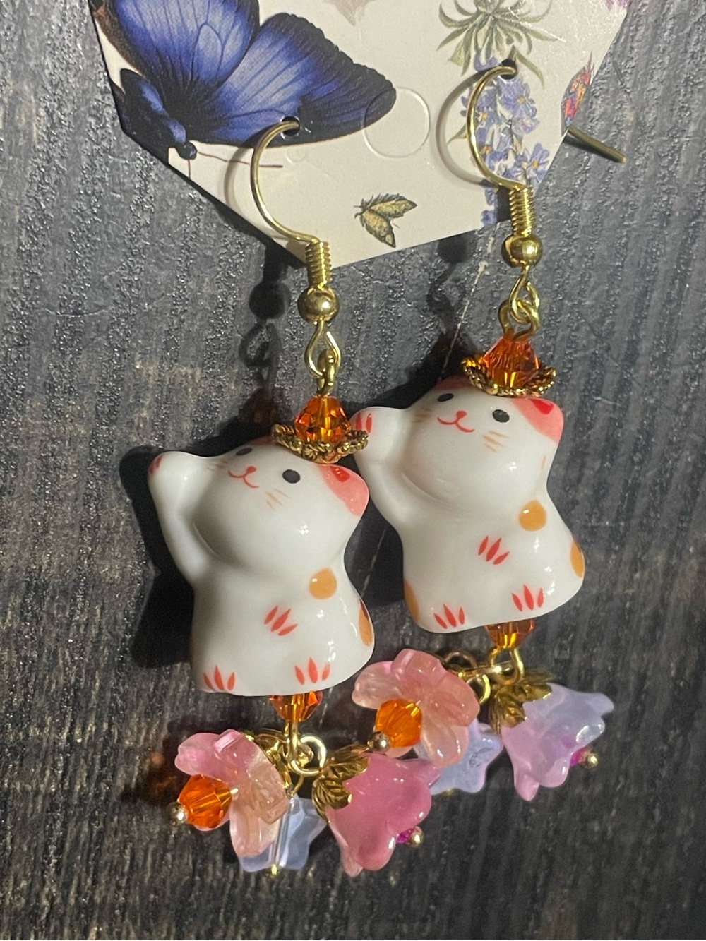 Hand Crafted White Lucky Cat Earrings with Orange and Pink Accents